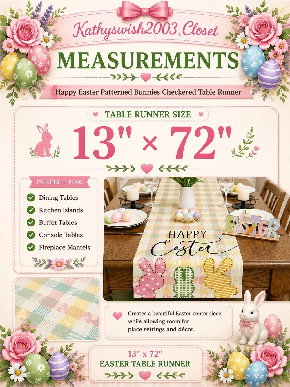 Happy Easter Patterned Bunnies Checkered Table Runner